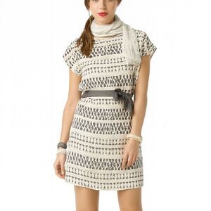 Club Monaco Dress Small Black White Silk Crochet Neckline Patterned Y2K